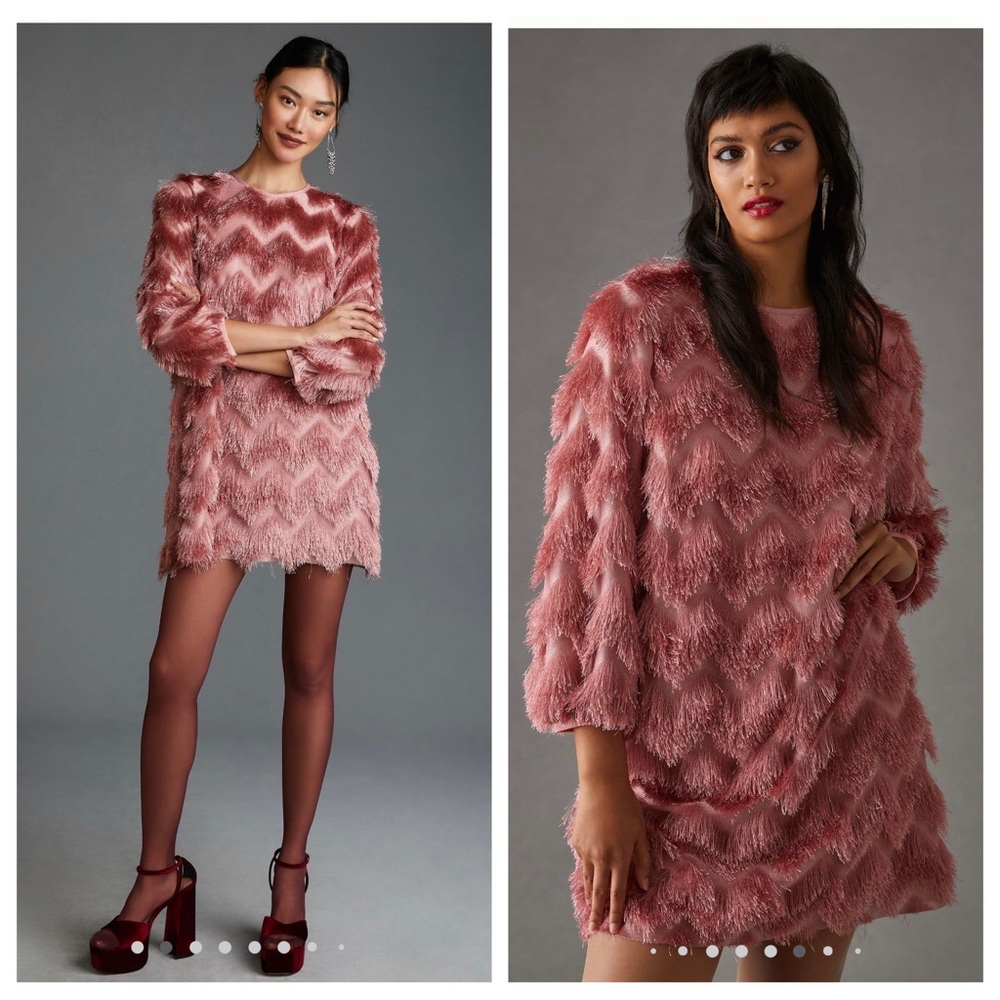 Anthropologie Hutch Fringed Chevron Dress Pink Rose S